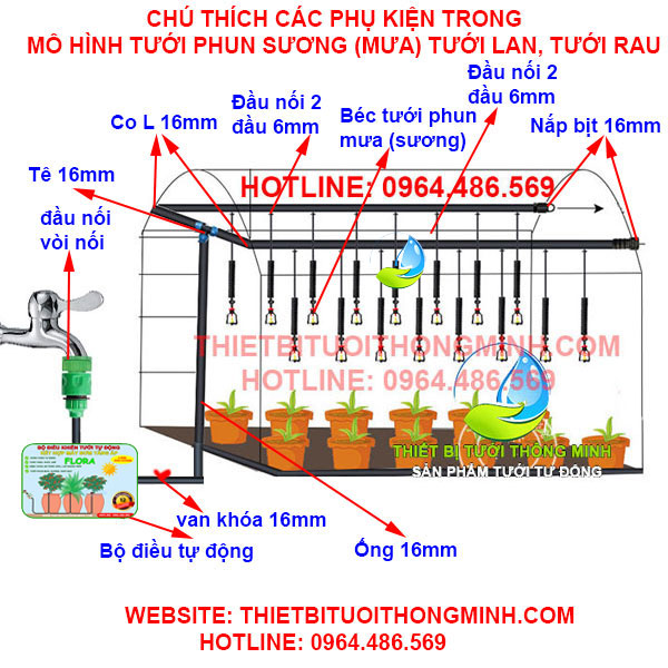 Bộ tưới phun sương tưới hoa lan, tưới rau tự động(50-100) chậu