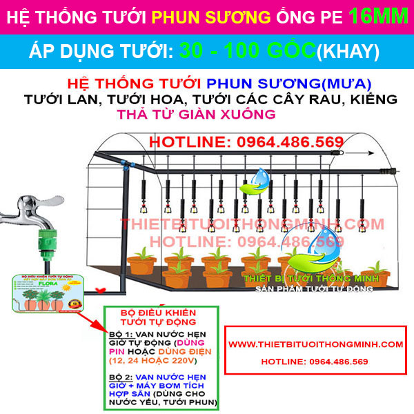 Mô hình tưới phun sương sử dụng ống PE 16mm FLORA (tưới 30-100 khay, gốc, chậu)