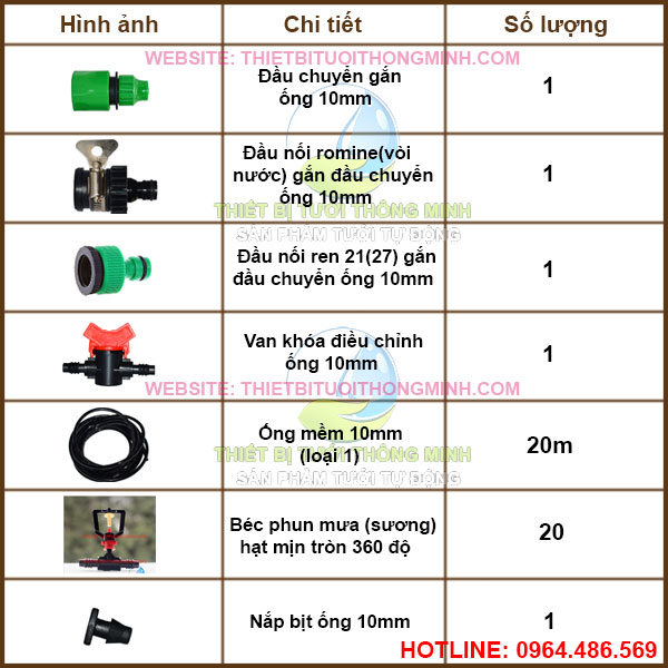 Bộ kit tưới phun mưa(sương) hạt mịn 360 độ 20 đầu FLORA