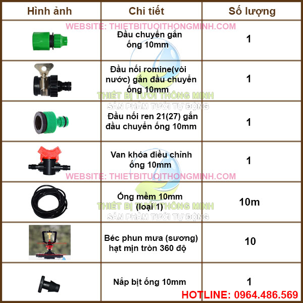 Bộ kit tưới phun mưa(sương) hạt mịn 360 độ 10 đầu FLORA