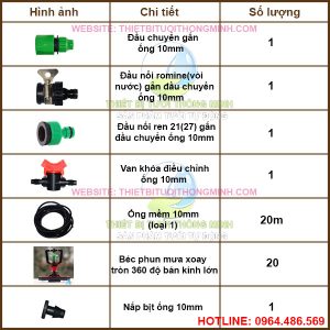 Bộ KIT tưới phun mưa xoay tròn 360 độ bán kính lớn 20 đầu phun FLORA