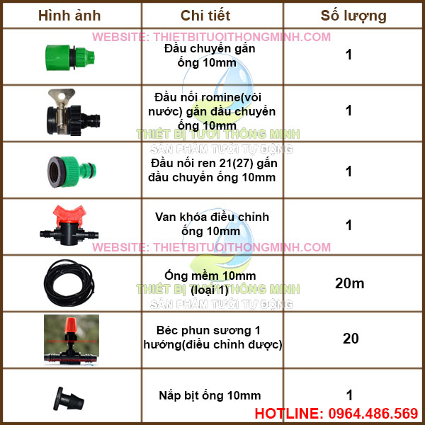 Bộ kit tưới phun sương 1 hướng 20 đầu(điều chỉnh được) FLORA