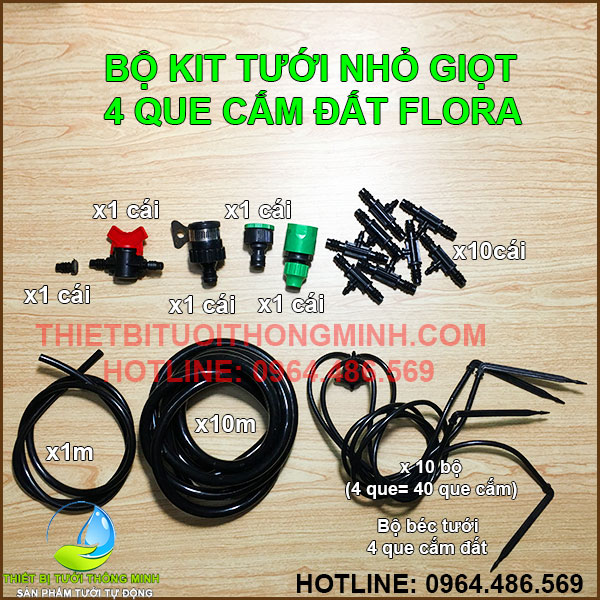 Bộ KIT tưới 10 bộ béc nhỏ giọt 4 que cắm đất