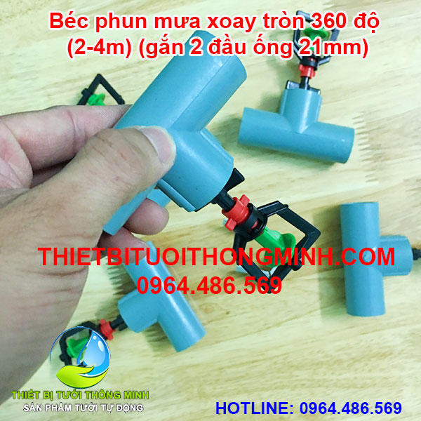 Bộ béc tưới phun mưa xoay 360 độ 2-4m gắn 2 đầu ống trơn 21mm