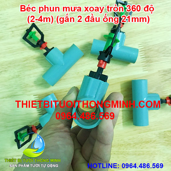 Bộ béc tưới phun mưa xoay 360 độ 2-4m gắn 2 đầu ống trơn 21mm