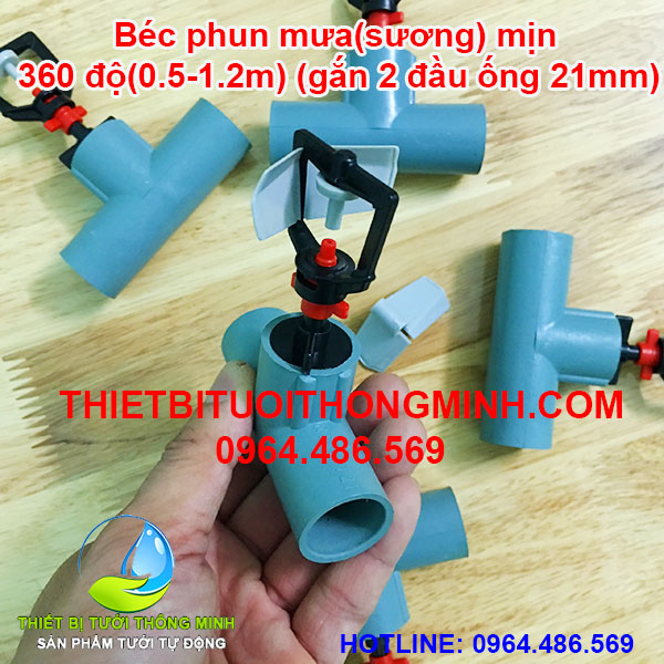 Béc phun mưa sương mịn 360 độ gắn 2 đầu ống trơn 21mm