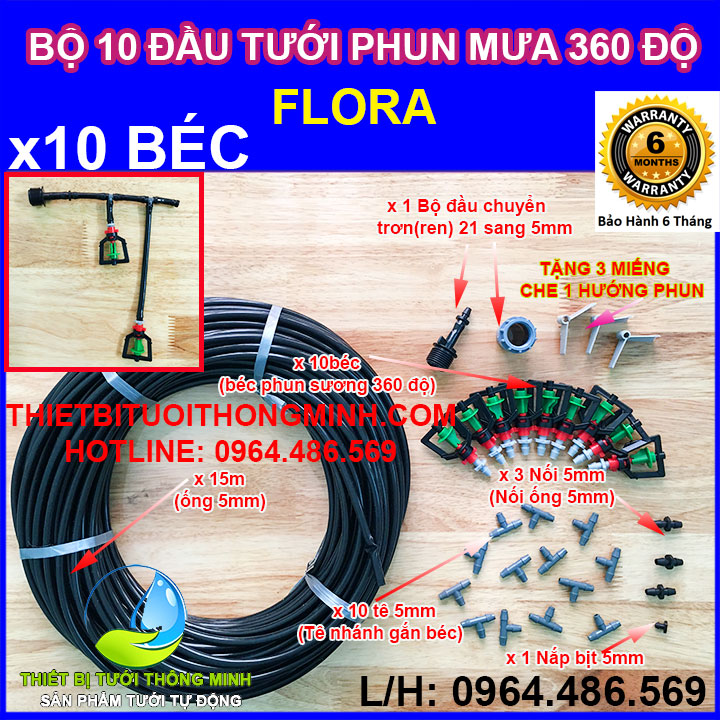 Bộ kit 10 đầu phun mưa 360 độ 2-4m FLORA