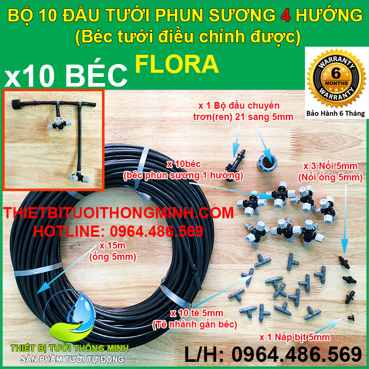 Trọn bộ kit 12 đầu tưới phun sương 4 hướng FLORA