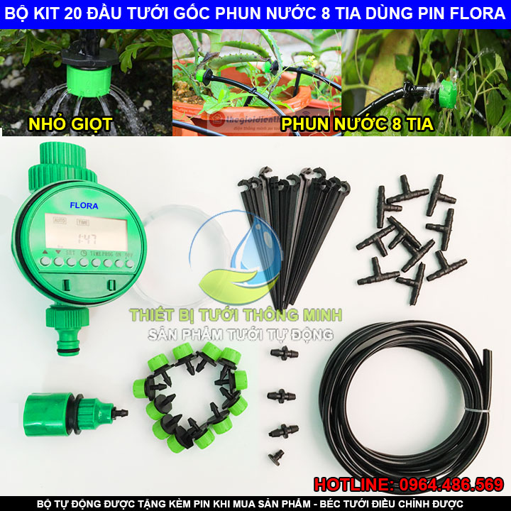 Bộ tưới tự động 20 đầu tưới gốc 8 tia FLORA