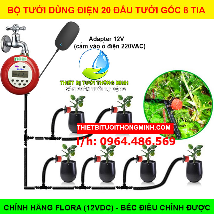 Bộ tưới tự động dùng điện 20 đầu tưới gốc 8 tia Flora