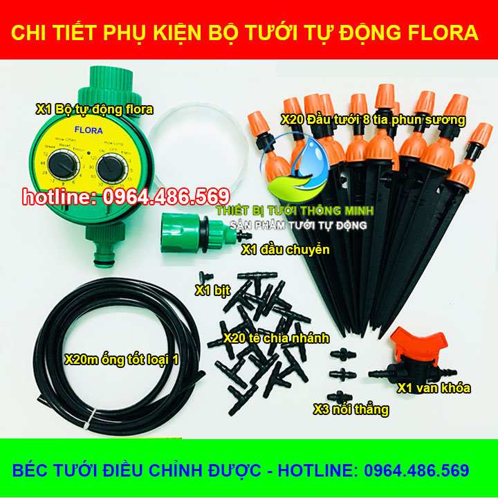 Bộ tưới cây tự động hẹn giờ dùng pin 20 đầu 8 tia phun sương Flora