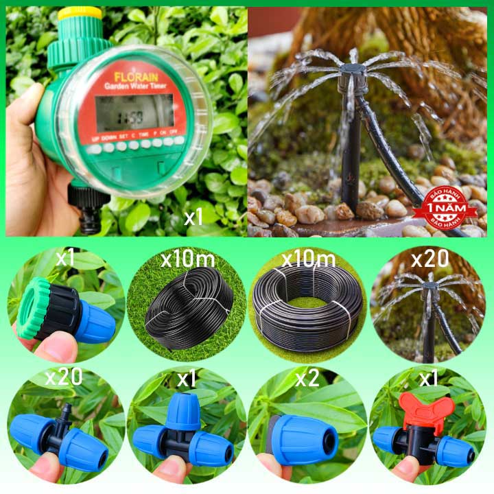 Bộ kit tưới gốc cây tự động dùng pin Florain 20 đầu phun nước 8 tia B6