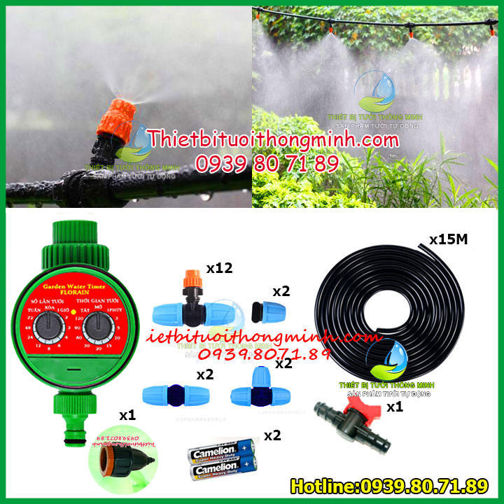 Bộ kit phun sương tưới lan tự động dùng pin Florain 12 đầu béc 