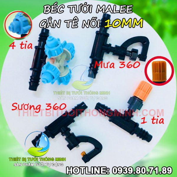 Đầu béc tưới phun sương gắn tê ống 10mm 1 4 5 tia mưa 360 độ Malee