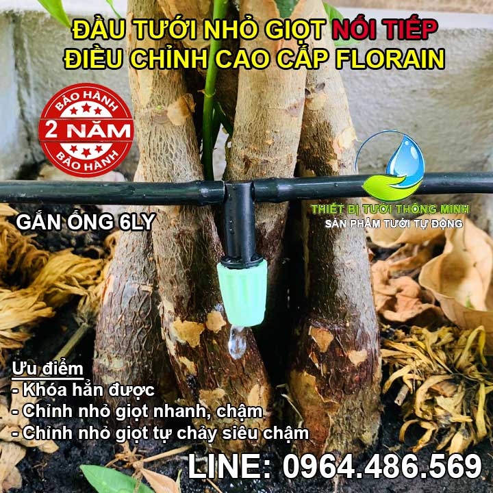 Đầu vòi béc tưới gốc nhỏ giọt gắn nối tiếp liên tục ống 6mm Florain