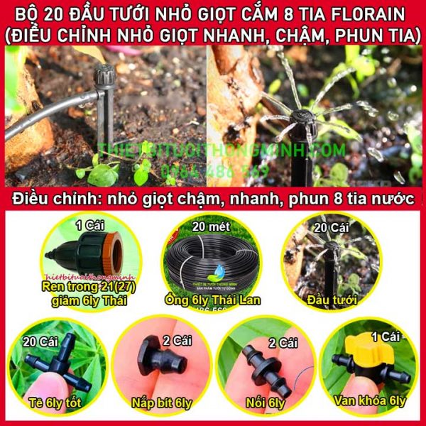 Bộ kit tưới cây cảnh, khay rau 20 béc phun nước 8 tia nhỏ giọt điều chỉnh Florain