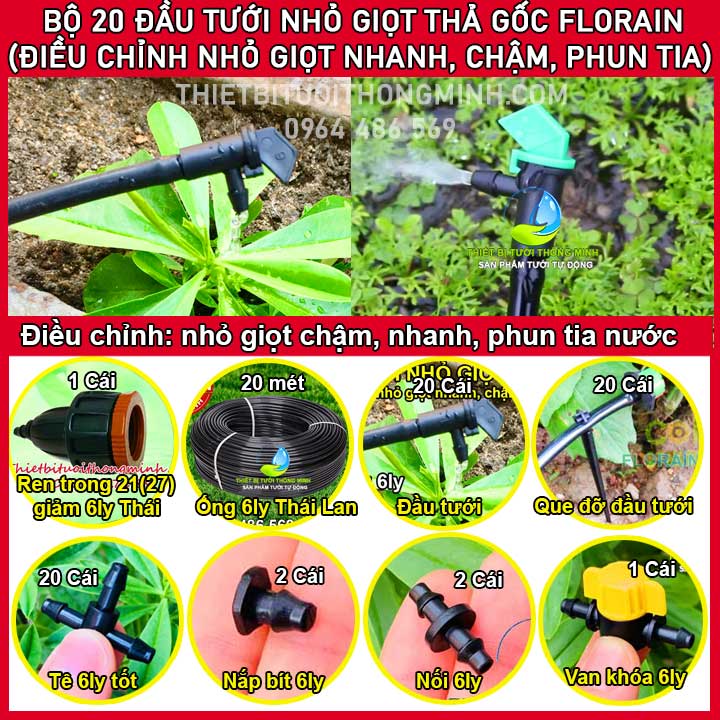 Bộ tưới nước nhỏ giọt rau cây cảnh bonsai hoa hồng dưa lưới sân thượng ban công Florain